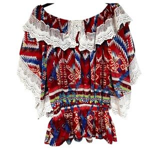 Rancho Estancia Aztec Print Bat Wing Sleeve Top With Lace Detail Size Medium